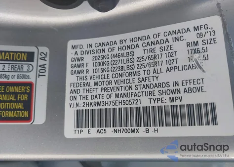 2014 Honda Cr-V Ex-L z USA, uszkodzony, nr VIN 2HKRM3H75EH505721